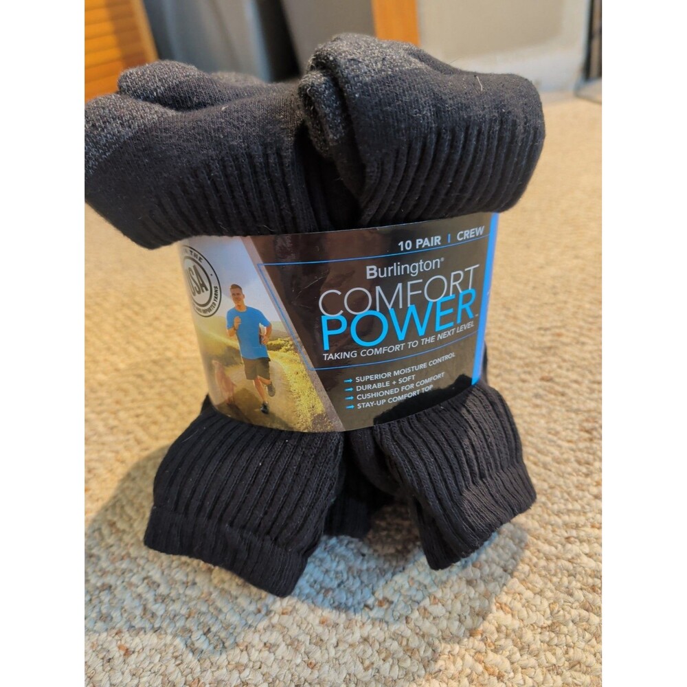 Burlington Comfort Power Crew Socks Mens Shoe Size 6-12 Black 10 Pairs
